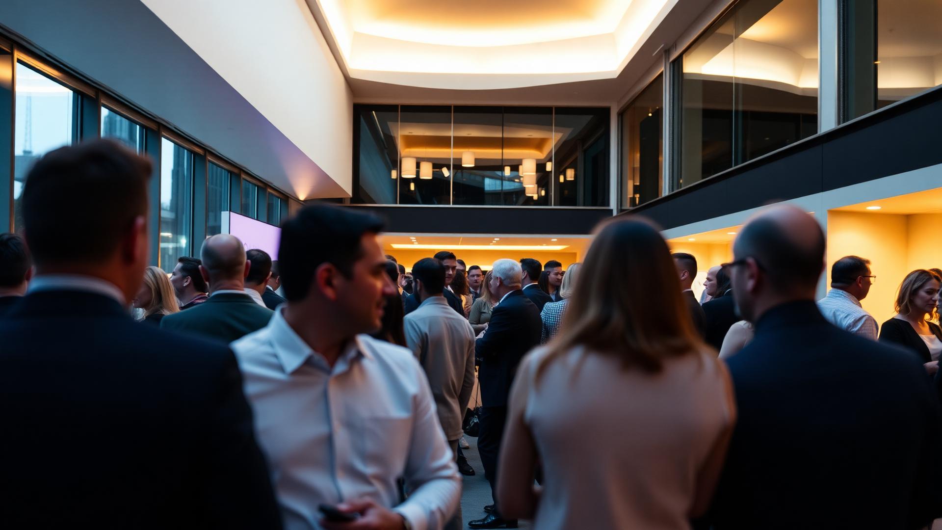 Evening investor gathering in a modern architectural space