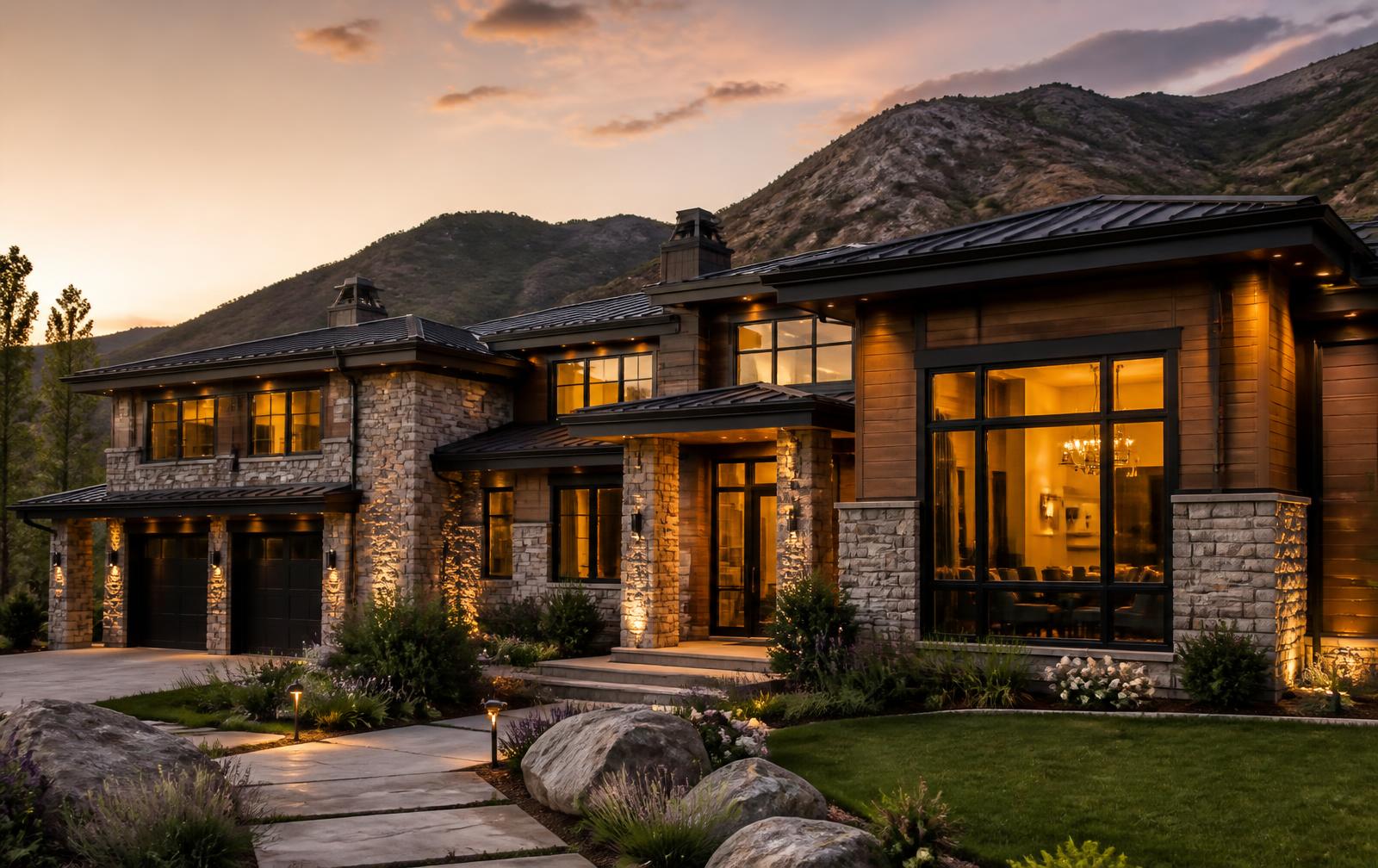 Luxury Utah home exterior at dusk