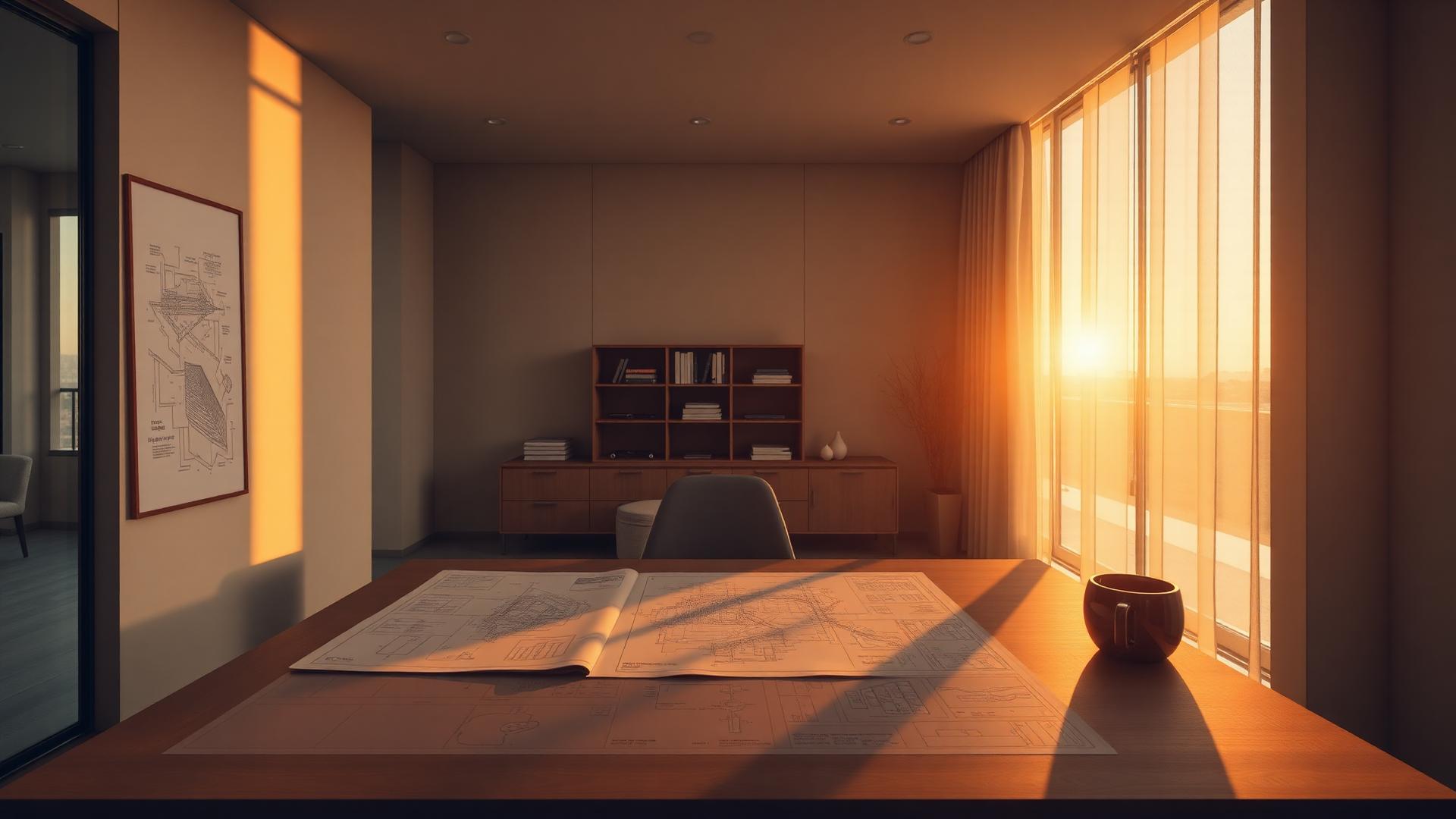 Development plans spread across a table in a minimalist office at golden hour